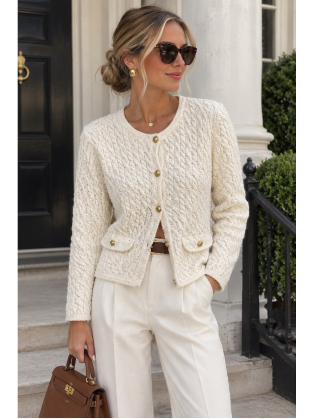 Women's Odette J.Crew Cable Knit Cardigan Sweater, White, Size XL